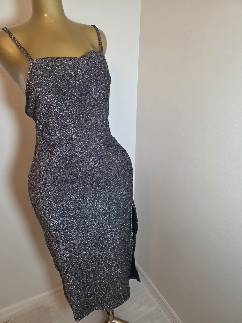 Silver Glitter Bodycon Midi Dress with Side Slit Size XXL